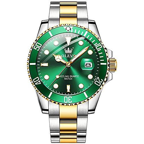 OLEVS Stainless Steel Luxury Analogue Men'S Watch(Green-Gold Dial & Silver & Gold Colored Strap)-Ol85G|B089G638YZ