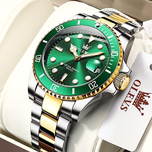OLEVS Stainless Steel Luxury Analogue Men'S Watch(Green-Gold Dial & Silver & Gold Colored Strap)-Ol85G|B089G638YZ