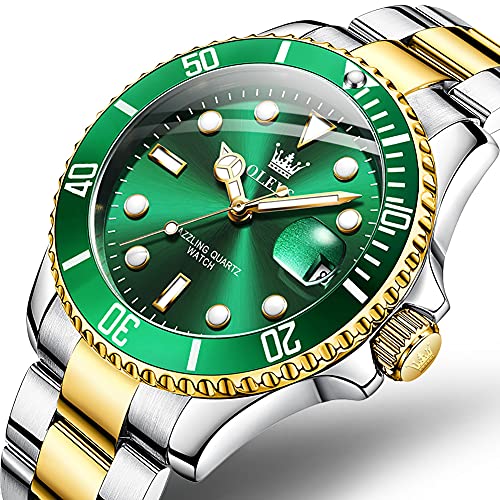 OLEVS Stainless Steel Luxury Analogue Men'S Watch(Green-Gold Dial & Silver & Gold Colored Strap)-Ol85G|B089G638YZ